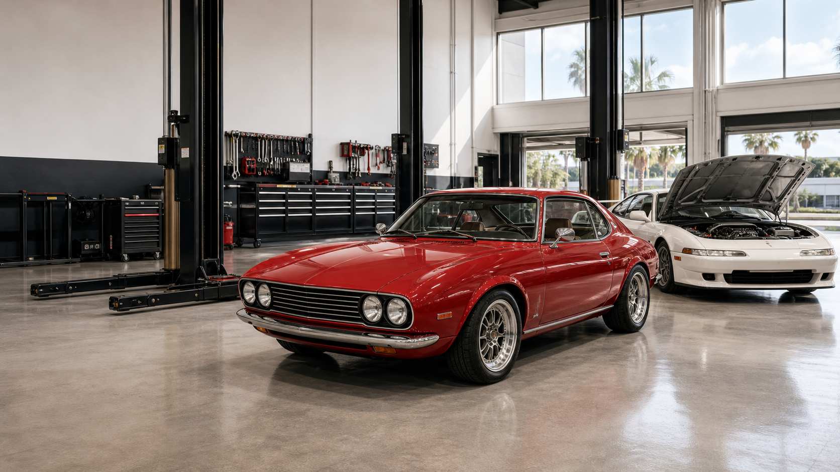 Collector cars inside a clean automotive service studio